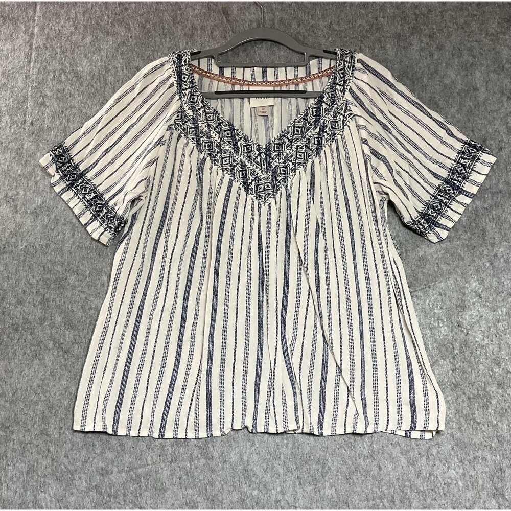 Knox Rose Blouse Womens Medium White Blue Striped Embroidered Tunic Top Boho